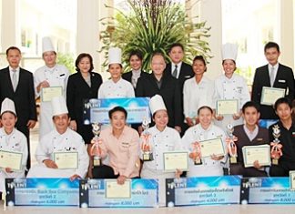 The winners in various categories from the 2011 Pattaya’s Bartender Got Talent Competition show their plaques and trophies as the management of Dusit Thani Pattaya, led by General Manager Chatchawal Supachayanont (centre), proudly pose with them after a small congratulatory ceremony held at the resort.